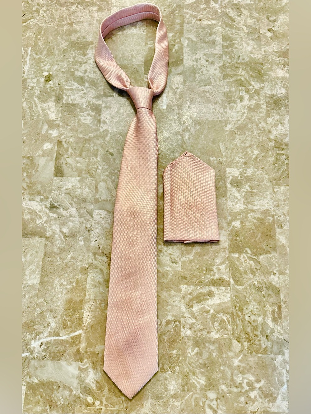 DiBanGu 100% Silk Mens Tie and Pocket Square Blush Pink Peach Metallic